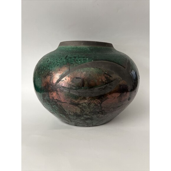 Raku Iridescent Green Tubac Signed Fish Art Pottery Vase Pot 8.5” Large - Picture 1 of 11